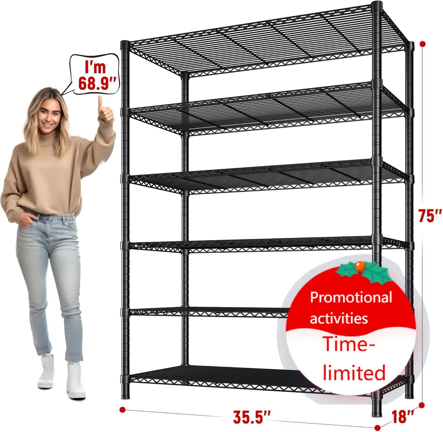 REIBII 6 Tier Wire Shelving,1800LBS Storage Shelves Metal Shelves for Storage Rack,75''H Adjustable Garage Shelving Heavy Duty S
REIBII 6 Tier Wire Shelving,1800LBS Storage Shelves Metal Shelves for Storage Rack,75''H Adjustable Garage Shelving Heavy Duty S