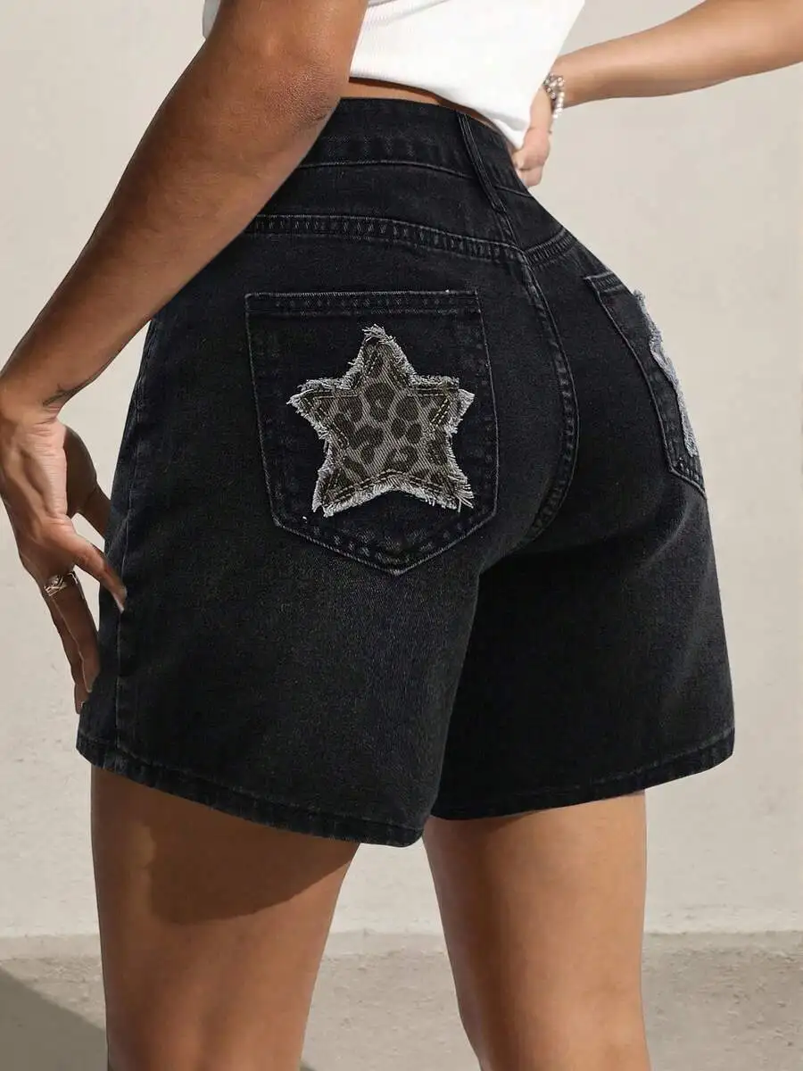 Washed Frayed Pockets Leopard Star Patch Denim Shorts Casual Summer Women
Washed Frayed Pockets Leopard Star Patch Denim Shorts Casual Summer Women