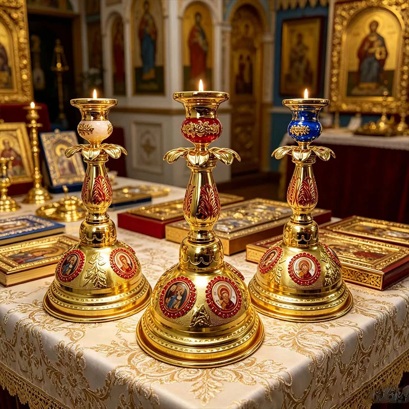 Vintage Gold Metal Orthodox Candle Holder with Holy Icons Byzantine Candlestick for Altar Church Supplies Christian Baptism Gift
Vintage Gold Metal Orthodox Candle Holder with Holy Icons Byzantine Candlestick for Altar Church Supplies Christian Baptism Gift