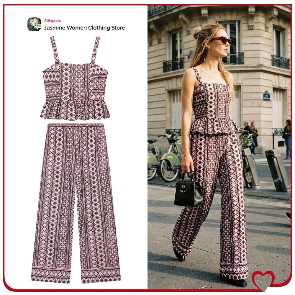 New Summer Openwork Embroidered Pant Sets for Women Embroidered Eyelet Strappy Top with Flared Hem Matching Tonal Wide Leg Pants
New Summer Openwork Embroidered Pant Sets for Women Embroidered Eyelet Strappy Top with Flared Hem Matching Tonal Wide Leg Pants