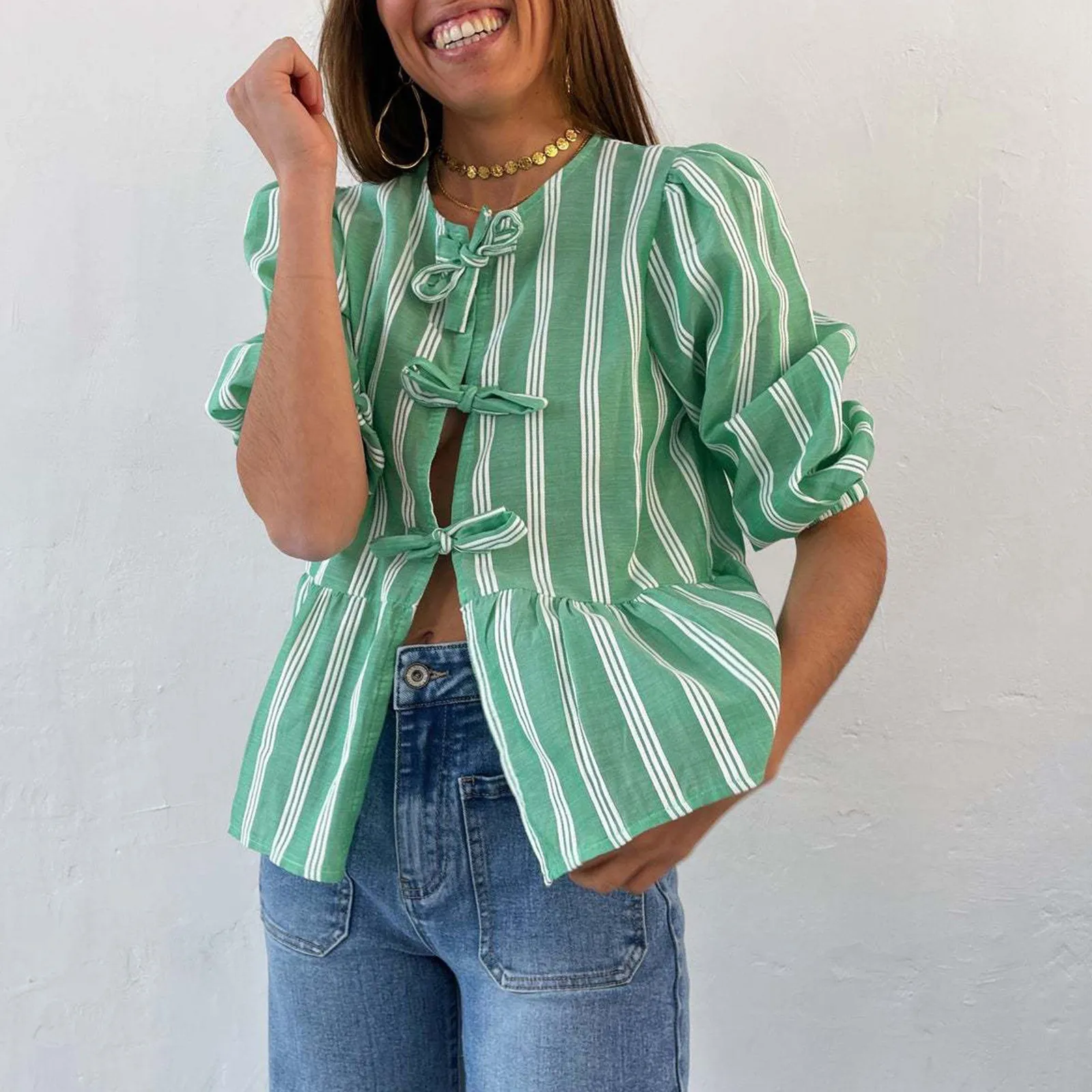 Ladies Fashion Casual Striped Top With Tether Peplum Puff Mid Sleeve Tie Front Loose Splicing Folded Spring Autumn Y2k Blouse
Ladies Fashion Casual Striped Top With Tether Peplum Puff Mid Sleeve Tie Front Loose Splicing Folded Spring Autumn Y2k Blouse