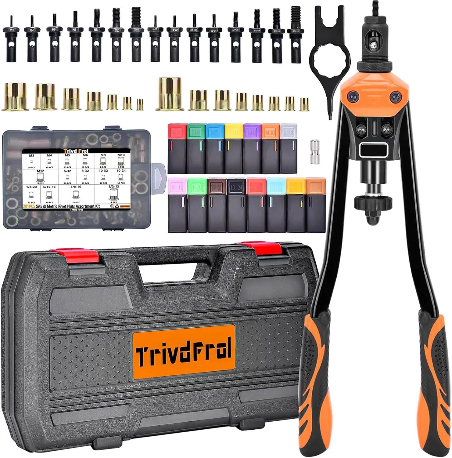 16" Rivet Nut Tool Kit with 281Pcs Nuts and 15 Mandrels, Heavy Duty Hand Riveter for Automotive, Furniture, Sheet Metal
16" Rivet Nut Tool Kit with 281Pcs Nuts and 15 Mandrels, Heavy Duty Hand Riveter for Automotive, Furniture, Sheet Metal