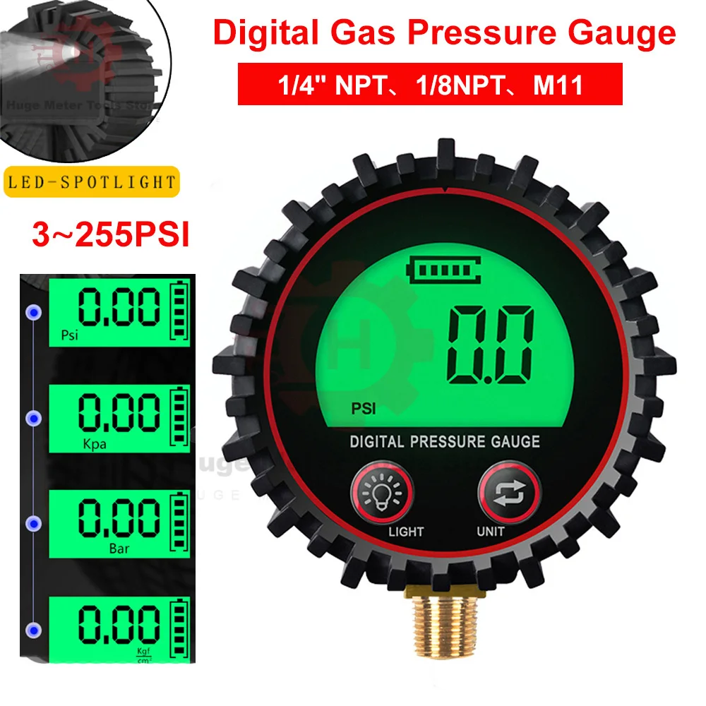 Digital Gas Pressure Gauge 255PSI with M11 1/4 1/8NPT Screw Thread Connector Rubber Protector For Car Truck Motorcycle 3-255PSI
Digital Gas Pressure Gauge 255PSI with M11 1/4 1/8NPT Screw Thread Connector Rubber Protector For Car Truck Motorcycle 3-255PSI