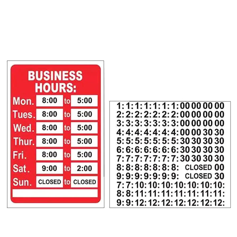 2 Pcs Business Hours Sticker Digital Open Signs for Office Large Time Store Pvc Barbershop Closed
2 Pcs Business Hours Sticker Digital Open Signs for Office Large Time Store Pvc Barbershop Closed