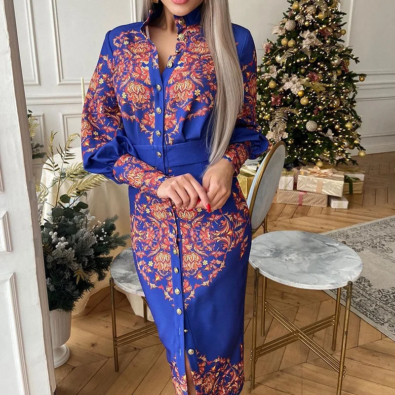 Women Summer Long Sleeve Office Slim Dresses XL Stand Collar Printed Shirt Dress Spring Single-breasted Elegant Long Party Dress
Women Summer Long Sleeve Office Slim Dresses XL Stand Collar Printed Shirt Dress Spring Single-breasted Elegant Long Party Dress