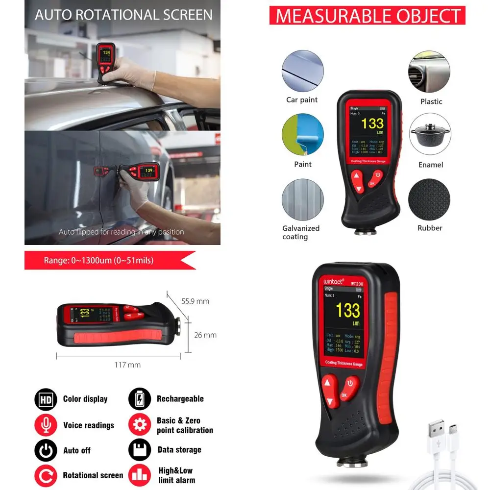 Rechargeable Digital Paint Thickness Meter for Automotive Coating Measurement and Checker