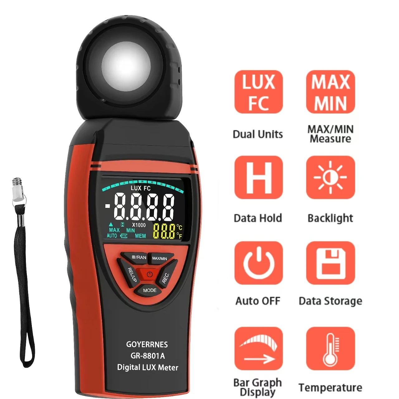 Professional Digital Light Meter 0.1-400,000 Lux/40,000 FC Range,270° Rotating Sensor Head ,Dual-Color Backlit Display
Professional Digital Light Meter 0.1-400,000 Lux/40,000 FC Range,270° Rotating Sensor Head ,Dual-Color Backlit Display