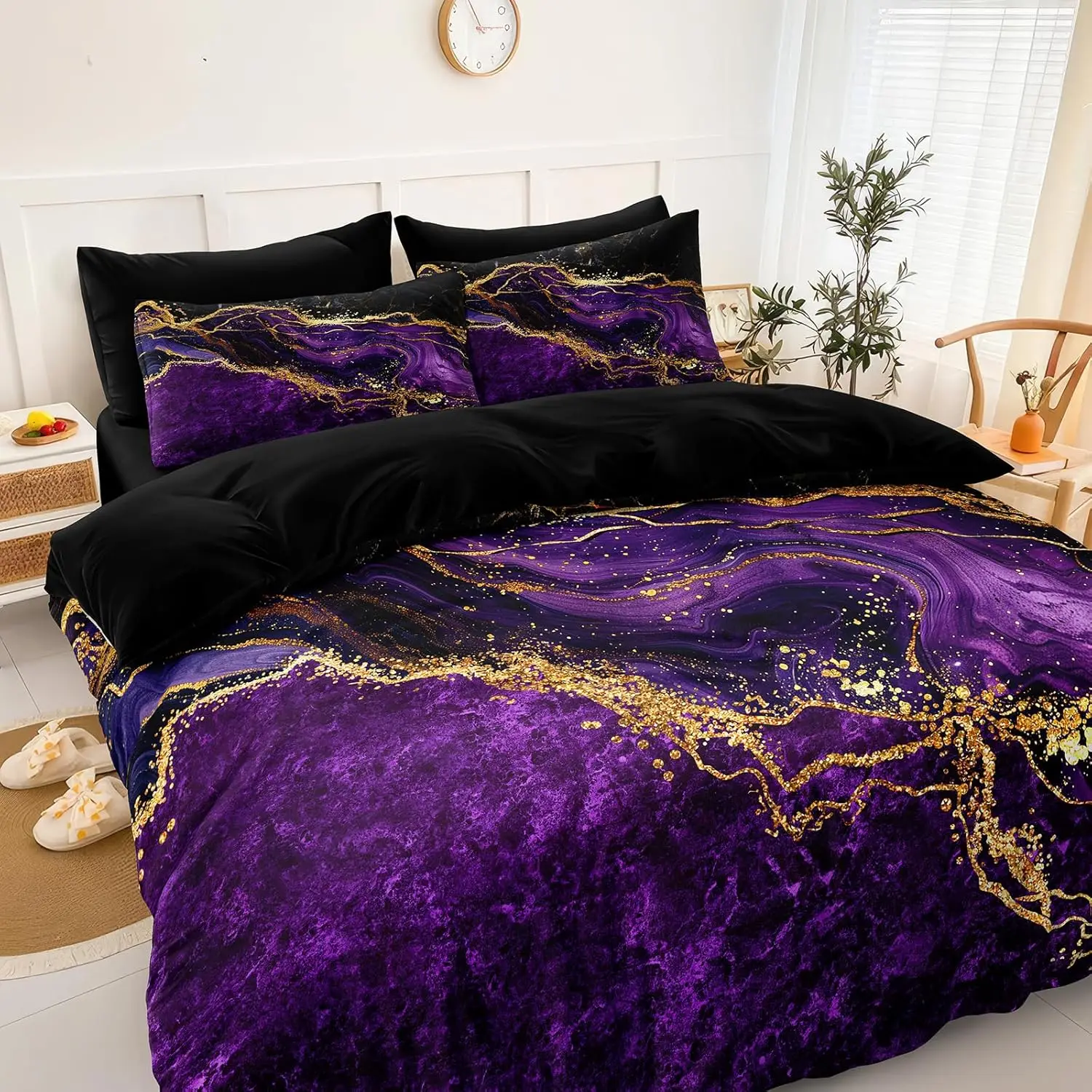 Queen Size Black Gold Comforter Set with Purple Marble Abstract Art, All-Season Bedding for Modern Bedroom Decor
Queen Size Black Gold Comforter Set with Purple Marble Abstract Art, All-Season Bedding for Modern Bedroom Decor