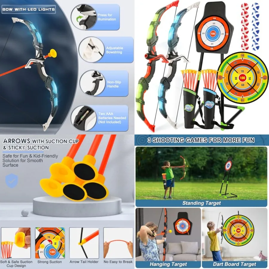 2 Pack Bow and Arrow Set with 29in Large Dart Board, LED Light Up Archery Set for with 20 Suction Cup Arrows12 Sticky Balls Sta
2 Pack Bow and Arrow Set with 29in Large Dart Board, LED Light Up Archery Set for with 20 Suction Cup Arrows12 Sticky Balls Sta