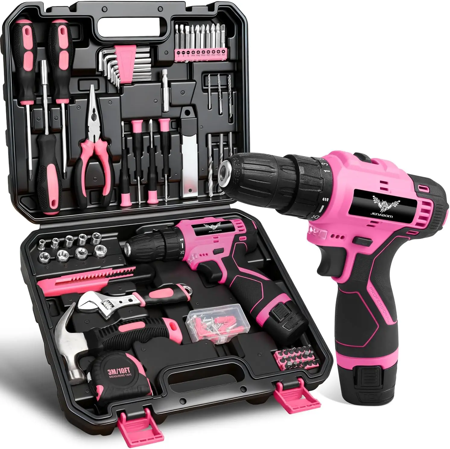 151-Piece Pink Power Tool Set with 12V Cordless Drill & LED Light - Ideal for Home DIY Projects
151-Piece Pink Power Tool Set with 12V Cordless Drill & LED Light - Ideal for Home DIY Projects
