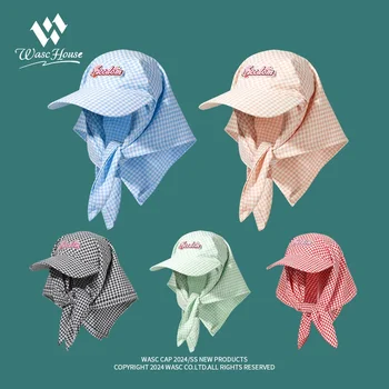 Dopamine 컬러 격자 무늬 스트랩 머리 스카프 모자 여성용, 여름 해변 휴가 태양 보호 패션, 다목적 태양 모자