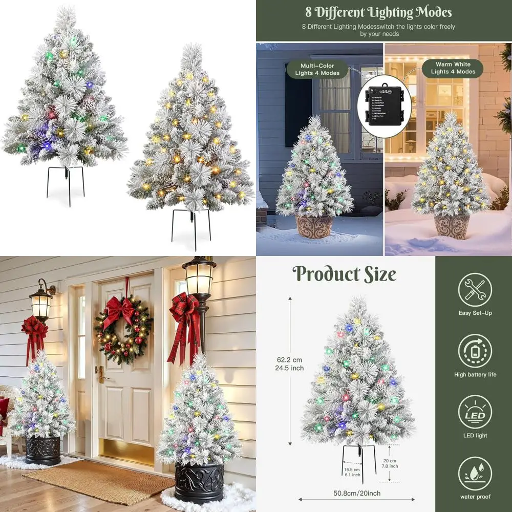 Battery-Powered Multi-Color Lighted 24.5 Inch Outdoor Flocked Christmas Trees with Timer, Pre-lit Scotch Pine Trees for Festive
Battery-Powered Multi-Color Lighted 24.5 Inch Outdoor Flocked Christmas Trees with Timer, Pre-lit Scotch Pine Trees for Festive