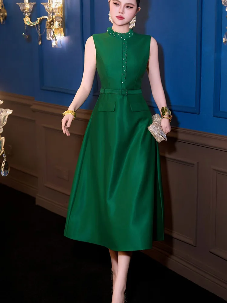 JUNLINNA Fashionable Women Runway Dress Summer Stand Collar Sleeveless Rhinestone Beading Party Holiday Midi Vestidos Waist Belt
JUNLINNA Fashionable Women Runway Dress Summer Stand Collar Sleeveless Rhinestone Beading Party Holiday Midi Vestidos Waist Belt
