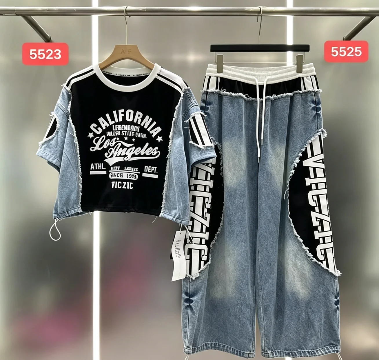 American Summer Women Two-piece Set Letters Printed Denim Short Sleeve T-shirt Top Drawstring Elastic Waist Wide Leg Loose Jeans
American Summer Women Two-piece Set Letters Printed Denim Short Sleeve T-shirt Top Drawstring Elastic Waist Wide Leg Loose Jeans