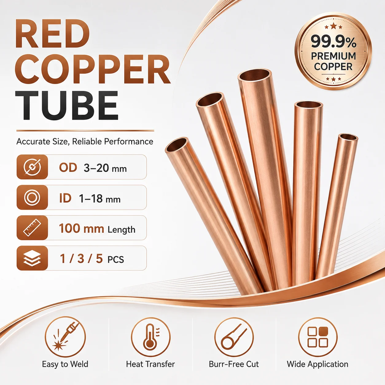 1/3/5Pcs Red Copper Tubes OD 3~20mm ID 1~18mm Length 100mm Straight Copper Pipe Tubing
1/3/5Pcs Red Copper Tubes OD 3~20mm ID 1~18mm Length 100mm Straight Copper Pipe Tubing