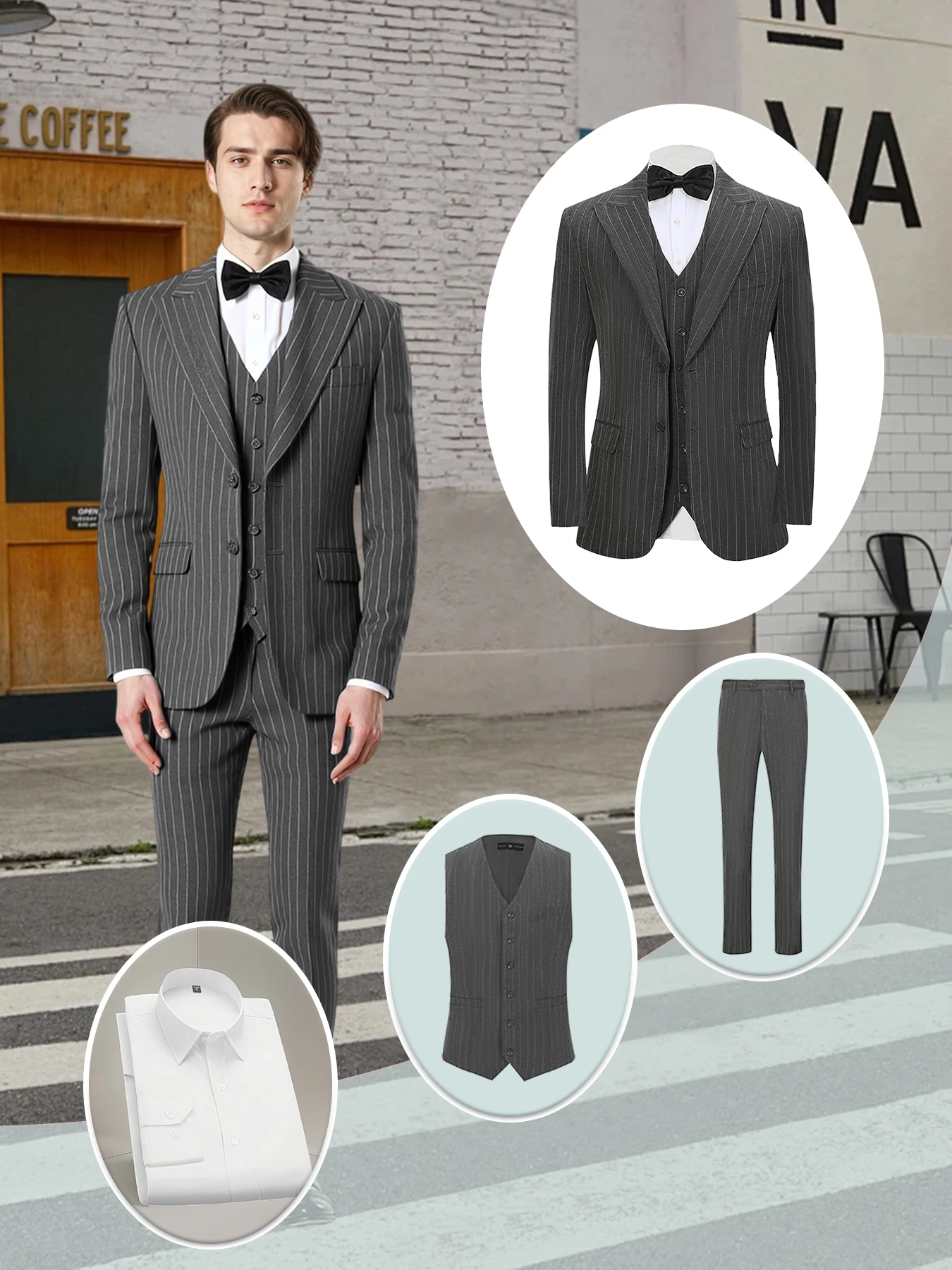 Men's 4-piece vertical striped suit - double button jacket+vest+pants+white shirt, suitable for wedding/business/daily wear
Men's 4-piece vertical striped suit - double button jacket+vest+pants+white shirt, suitable for wedding/business/daily wear