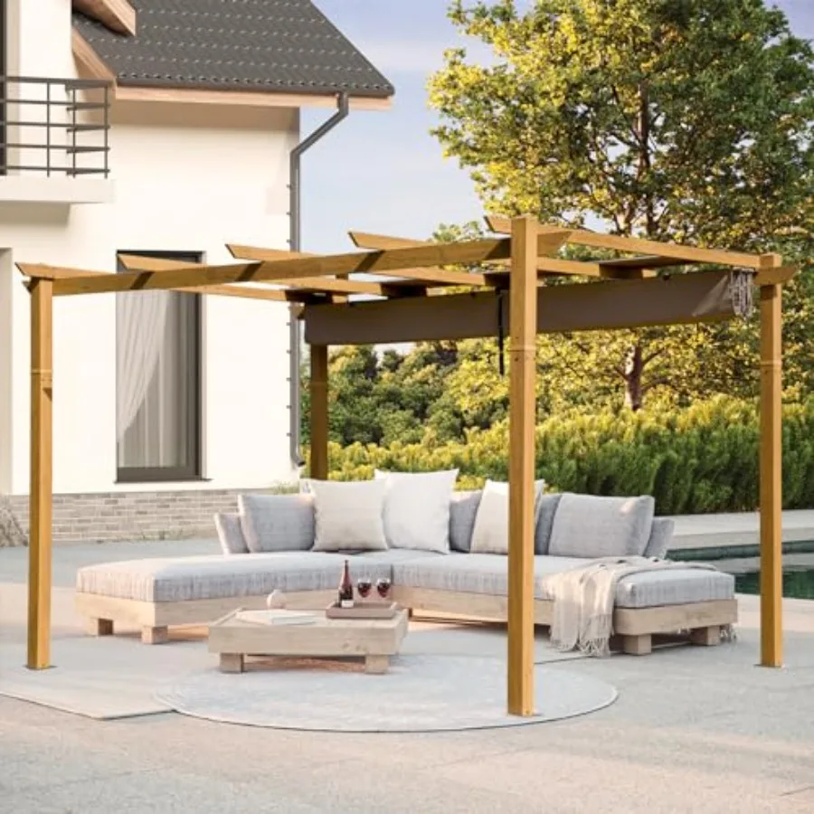 Outdoor retractable pergola for patio, deck, garden, backyard; aluminum frame with wood-look finish; beige sun shade canopy; we
Outdoor retractable pergola for patio, deck, garden, backyard; aluminum frame with wood-look finish; beige sun shade canopy; we