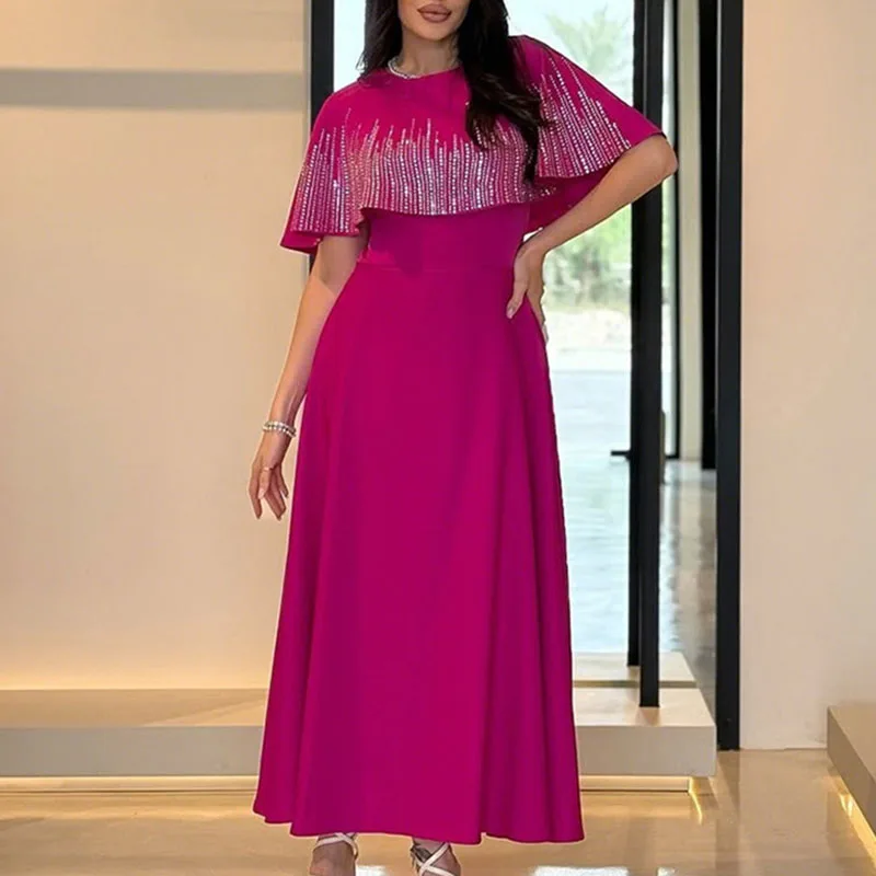 Elegant Solid Color High Waist Pleated Dress Summer New Short Sleeve Dresses Temperament O-neck Rhinestone Women's Evening Gown
Elegant Solid Color High Waist Pleated Dress Summer New Short Sleeve Dresses Temperament O-neck Rhinestone Women's Evening Gown