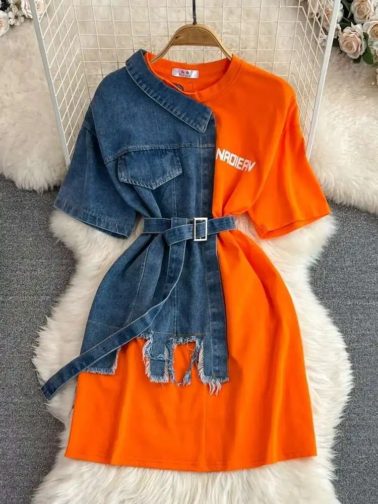 Hong Kong style waistband with round neck and color matching denim shirt, spring new chic casual mid length
Hong Kong style waistband with round neck and color matching denim shirt, spring new chic casual mid length