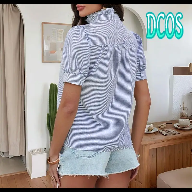 DCOS-Women's Striped Button Front Shirts Mock Neck Short Sleeve Office Blouse Tops
DCOS-Women's Striped Button Front Shirts Mock Neck Short Sleeve Office Blouse Tops