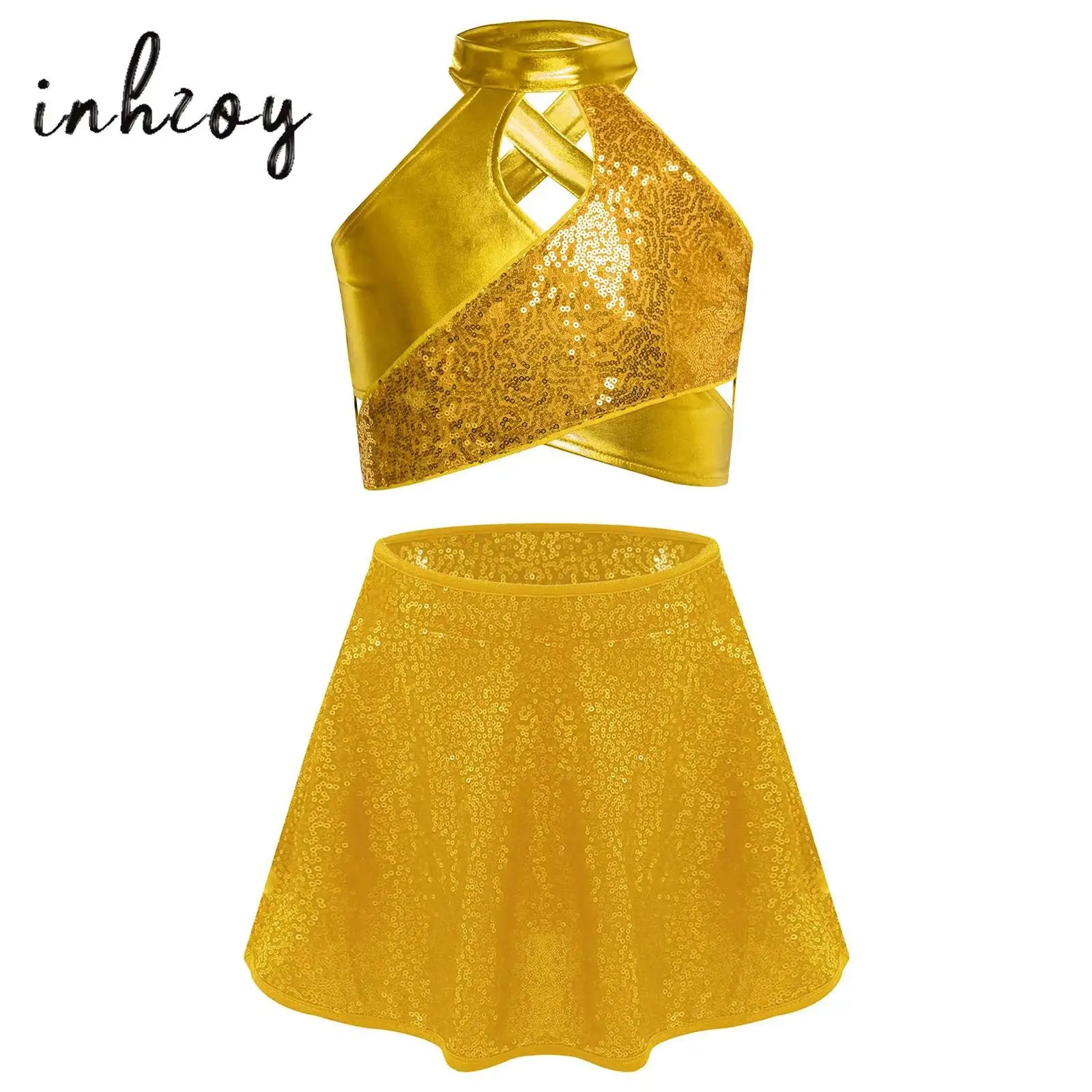 2Pcs Kids Girls Jazz Latin Dance Costumes Sparkly Sequins Metallic Cross Keyhole Crop Top+Skirt for Stage Performance Streetwear
2Pcs Kids Girls Jazz Latin Dance Costumes Sparkly Sequins Metallic Cross Keyhole Crop Top+Skirt for Stage Performance Streetwear