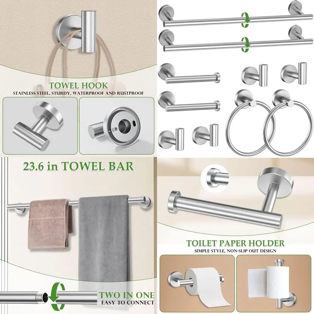 Stainless Steel 10-Piece Towel Bar Set with Brushed Nickel Finish, Includes 23.6in Towel Bar, Ring, TP Holder, and Hooks for Wal
Stainless Steel 10-Piece Towel Bar Set with Brushed Nickel Finish, Includes 23.6in Towel Bar, Ring, TP Holder, and Hooks for Wal