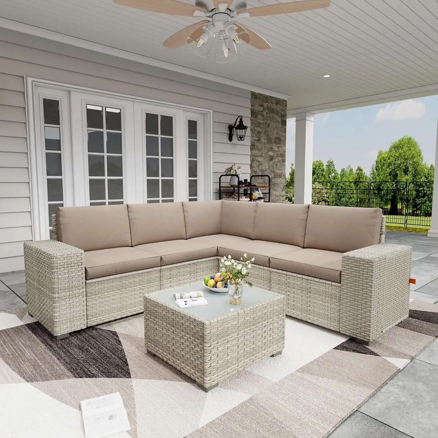 6 Piece Patio Furniture Set, 9.8" Wide Arm Sectional Sofa With Storage Armrests, All-Weather Rattan Outdoor, Customized