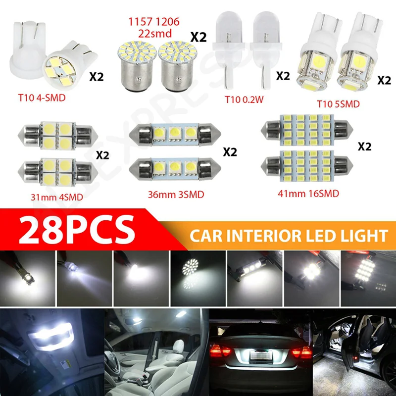 New 28Pcs T10 W5W Auto Car Interior LED Light Dome License Plate Mixed Lamp Interior Dome Light Trunk Lamp Parking Bulbs Set
New 28Pcs T10 W5W Auto Car Interior LED Light Dome License Plate Mixed Lamp Interior Dome Light Trunk Lamp Parking Bulbs Set