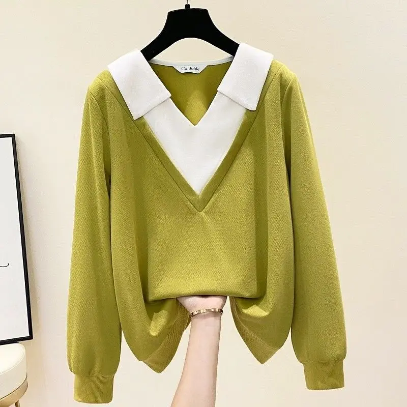 Loose Spring Autumn Polo Collar Stitching Long-sleeved Fake Two-piece Sweatshirt Women Versatile Slimming Western Style Pullover
Loose Spring Autumn Polo Collar Stitching Long-sleeved Fake Two-piece Sweatshirt Women Versatile Slimming Western Style Pullover