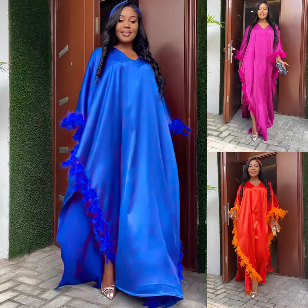 Autumn Fashion Satin Tassel Robe Dress African Women Elegant Loose V-neck Bat Sleeve Feather Long Dress Lady Party Evening Gown
Autumn Fashion Satin Tassel Robe Dress African Women Elegant Loose V-neck Bat Sleeve Feather Long Dress Lady Party Evening Gown