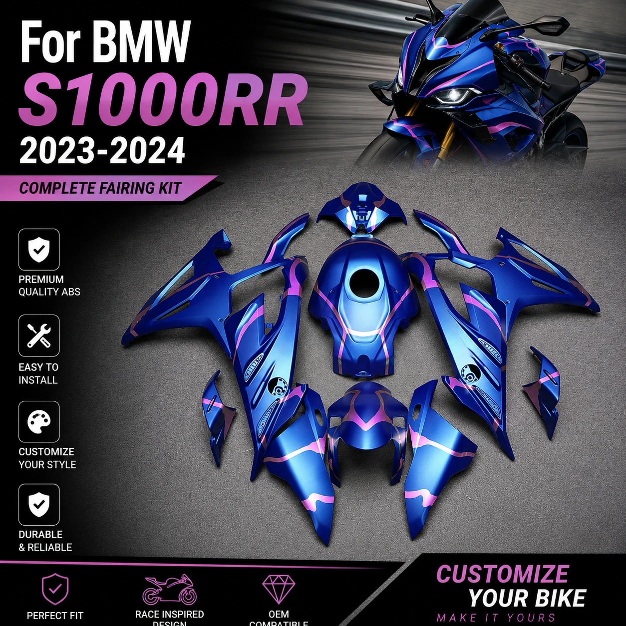 Custom Painted Fairings for BMW S1000RR 2023 2024 Complete Body Repair Sportbike Injection Molded ABS Plastics Frame S1000 RR
Custom Painted Fairings for BMW S1000RR 2023 2024 Complete Body Repair Sportbike Injection Molded ABS Plastics Frame S1000 RR