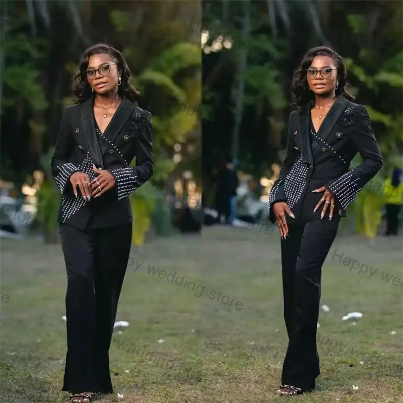 Pearls Black Formal Women Suit Pants Set 2 Piece Blazer+Trousers Business Office Lady Cotton V Neck Coat Jacket Customized
Pearls Black Formal Women Suit Pants Set 2 Piece Blazer+Trousers Business Office Lady Cotton V Neck Coat Jacket Customized