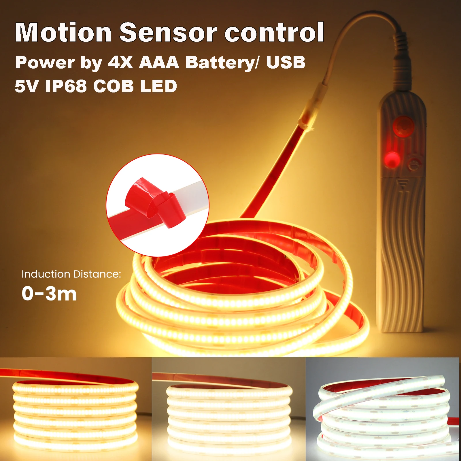 IP68 Waterproof COB Led Strip 5V with Motion Sensor AAA Battery/USB Powered Induction Night Light 1-3M Warm Natural White Strips
IP68 Waterproof COB Led Strip 5V with Motion Sensor AAA Battery/USB Powered Induction Night Light 1-3M Warm Natural White Strips