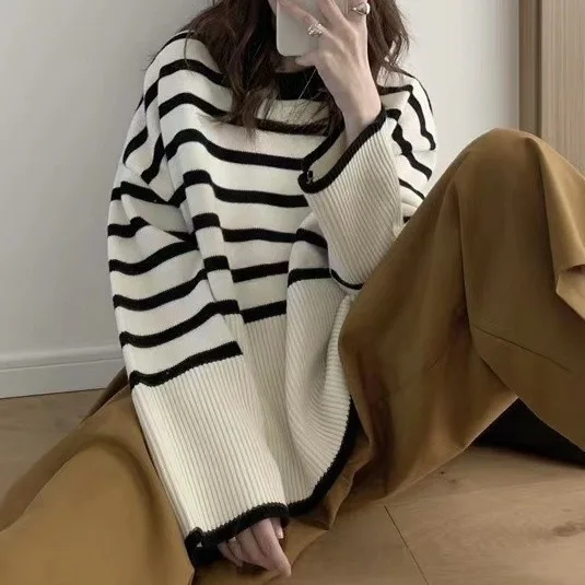 Sweaters O-neck Long Sleeve Stripe Sweater Women 2023 Autumn and Winter Korean Knitwear Loose Pullover Oversize Women
Sweaters O-neck Long Sleeve Stripe Sweater Women 2023 Autumn and Winter Korean Knitwear Loose Pullover Oversize Women