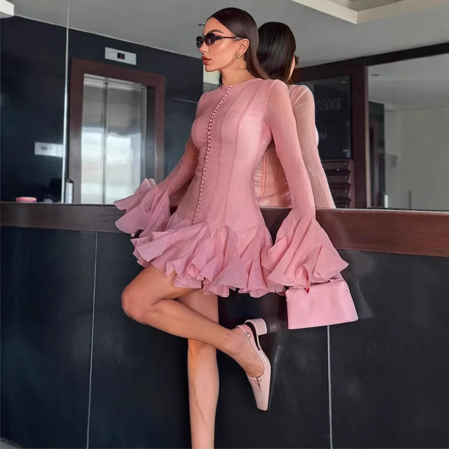 Women's Pink Ruffle Dress Fashion Irregular Pleated Layered Fold Long Lantern Sleeve A-line Robe 2025 Lady New Street Vestidos
Women's Pink Ruffle Dress Fashion Irregular Pleated Layered Fold Long Lantern Sleeve A-line Robe 2025 Lady New Street Vestidos