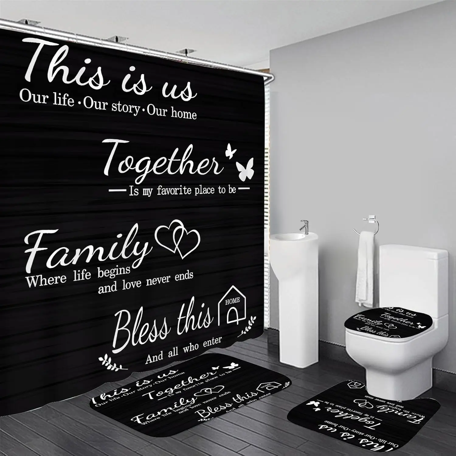 Black Shower Curtain Set with Rugs and Hooks for Bathroom Decor
Black Shower Curtain Set with Rugs and Hooks for Bathroom Decor