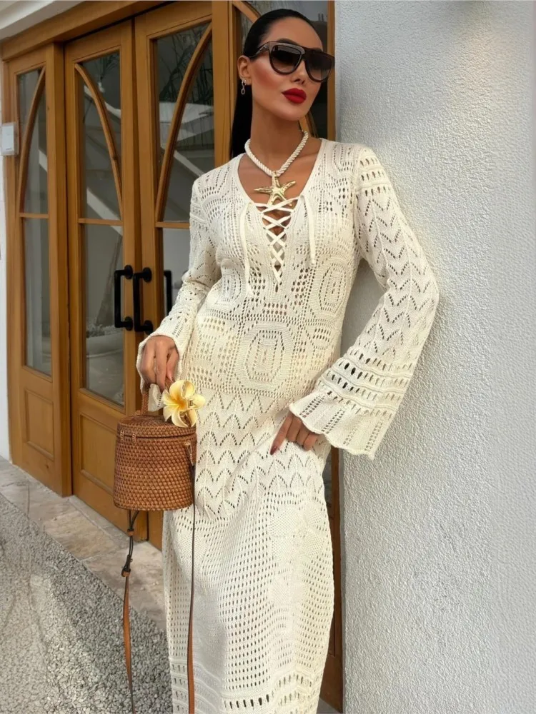 Sexy Women Knit Beach Dress Hollow-Out V-Neck Long Sleeve Bikini Cover-Ups Dress Holiday Dress 2025 Summer Swimwear Beach
Sexy Women Knit Beach Dress Hollow-Out V-Neck Long Sleeve Bikini Cover-Ups Dress Holiday Dress 2025 Summer Swimwear Beach