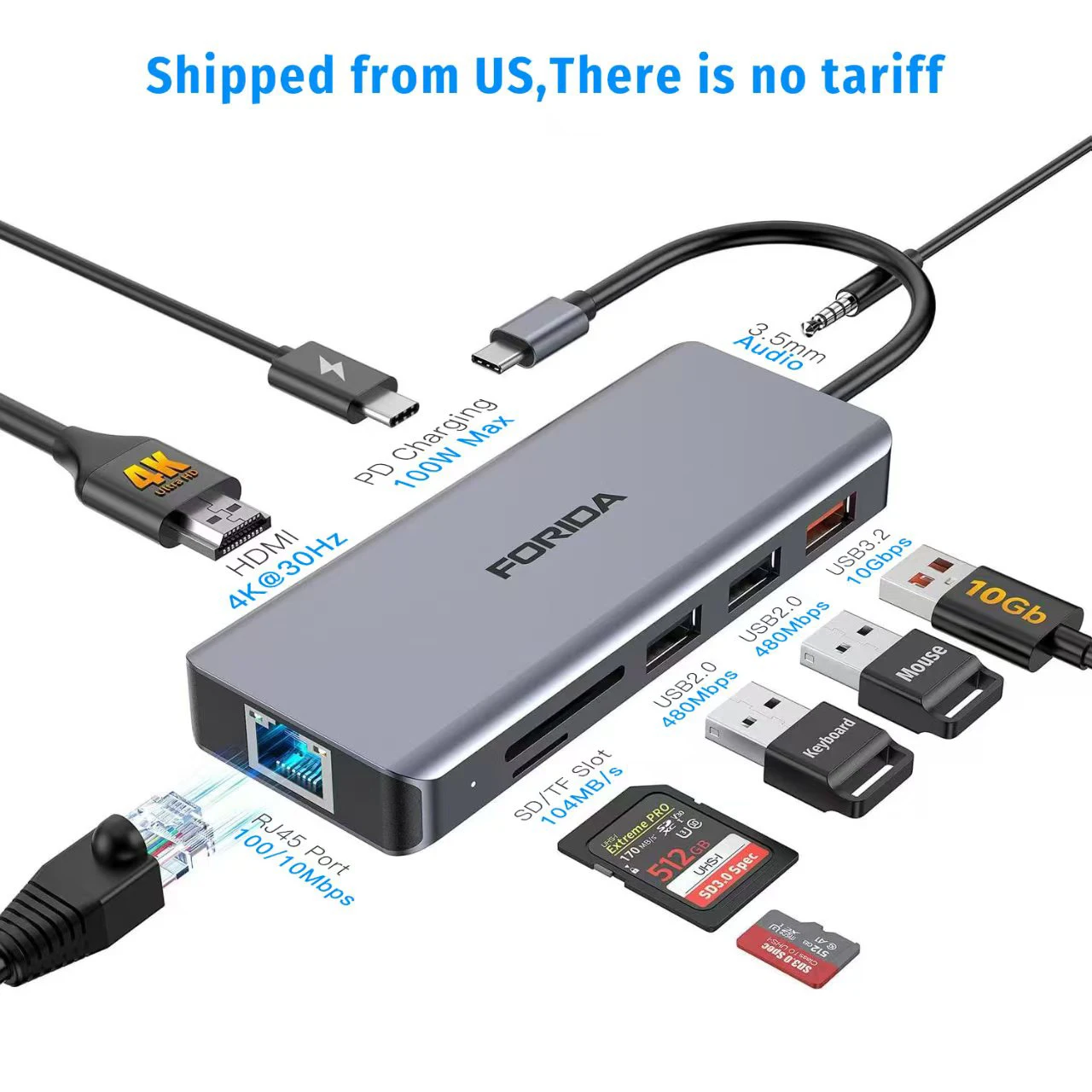 FORIDA 9 IN 1 USB Hub C 10Gbps Audio Port RJ45 HDMI 4K30Hz 100PD Charging SD/TF Solt Adapter for Laptop Macbook Shipped From US
FORIDA 9 IN 1 USB Hub C 10Gbps Audio Port RJ45 HDMI 4K30Hz 100PD Charging SD/TF Solt Adapter for Laptop Macbook Shipped From US