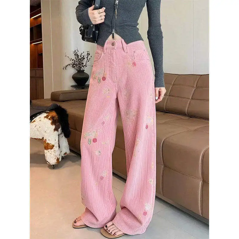 Harajuku Chic High Waist Pink Corduroy Wide Leg Pants With Floral Embroidery Loose Straight Trousers For Women Cute Vintage Y2K
Harajuku Chic High Waist Pink Corduroy Wide Leg Pants With Floral Embroidery Loose Straight Trousers For Women Cute Vintage Y2K