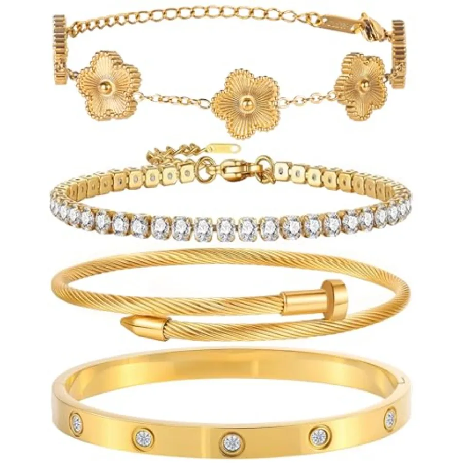 18K Plated Bangle Bracelet Set for Women Stackable Lucky Floral Adjustable Tennis Bracelet Non Tarnish Gift Jewelry for Christm
18K Plated Bangle Bracelet Set for Women Stackable Lucky Floral Adjustable Tennis Bracelet Non Tarnish Gift Jewelry for Christm