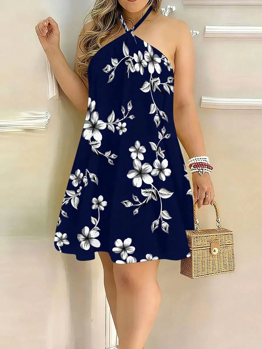 Womens Halter Neck Backless Floral Dress Blue Casual Loose Summer Vacation Dress
Womens Halter Neck Backless Floral Dress Blue Casual Loose Summer Vacation Dress