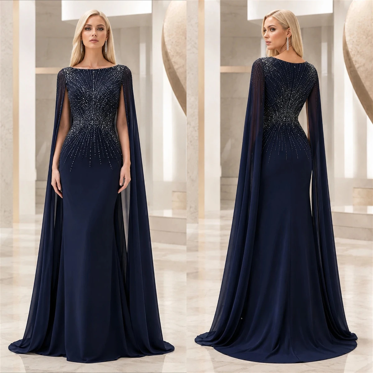 Customized Navy Boat Neck Cape Sleeve Mother of Bride Dress Rhinestone Beading Mermaid Floor Length Formal Wedding Guest Gown
Customized Navy Boat Neck Cape Sleeve Mother of Bride Dress Rhinestone Beading Mermaid Floor Length Formal Wedding Guest Gown