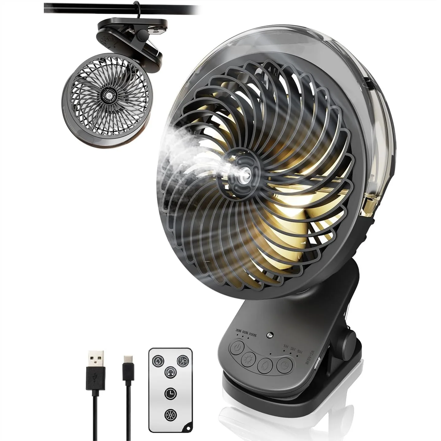 6" Clip on Fan with Mist & LED Light, 8000mAh Portable Rechargeable Battery Operated Desk Fan with Remote, 45Hrs Quiet Auto
6" Clip on Fan with Mist & LED Light, 8000mAh Portable Rechargeable Battery Operated Desk Fan with Remote, 45Hrs Quiet Auto