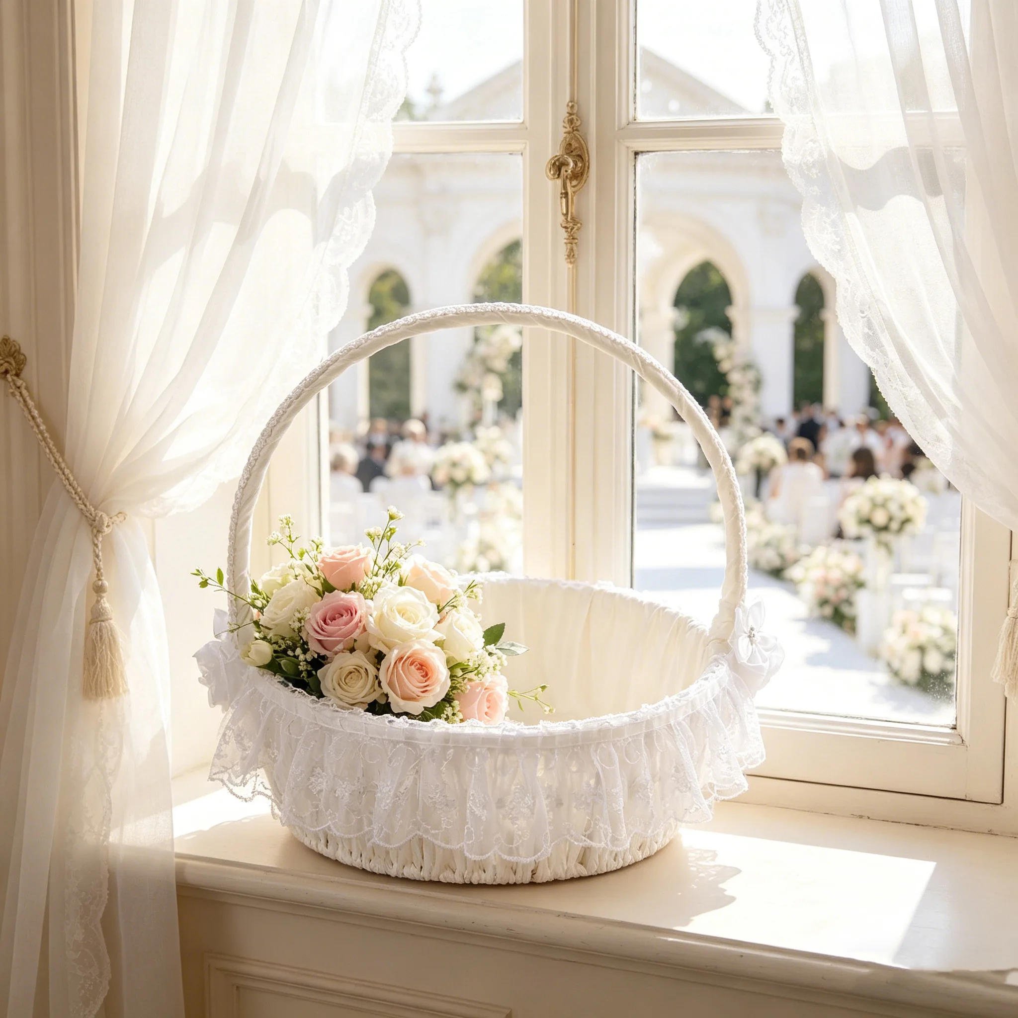 A sweet and adorable flower girl basket decorated with bows and ribbons
A sweet and adorable flower girl basket decorated with bows and ribbons