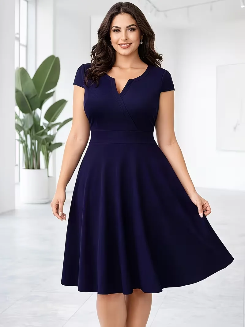 Womens Elegant V-Neck Cap Sleeve Solid Business Casual Knee Length Plus Size Plated Swing Party Banquet Dress
Womens Elegant V-Neck Cap Sleeve Solid Business Casual Knee Length Plus Size Plated Swing Party Banquet Dress