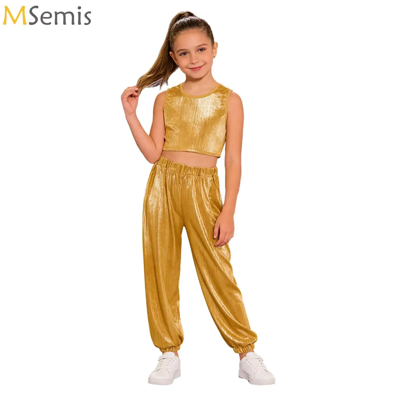Girls Hip Hop Jazz Street Dance Outfit Metallic Ribbed Crop Vest Top with Pants Suit for Carnival School Party Cheerleading
Girls Hip Hop Jazz Street Dance Outfit Metallic Ribbed Crop Vest Top with Pants Suit for Carnival School Party Cheerleading