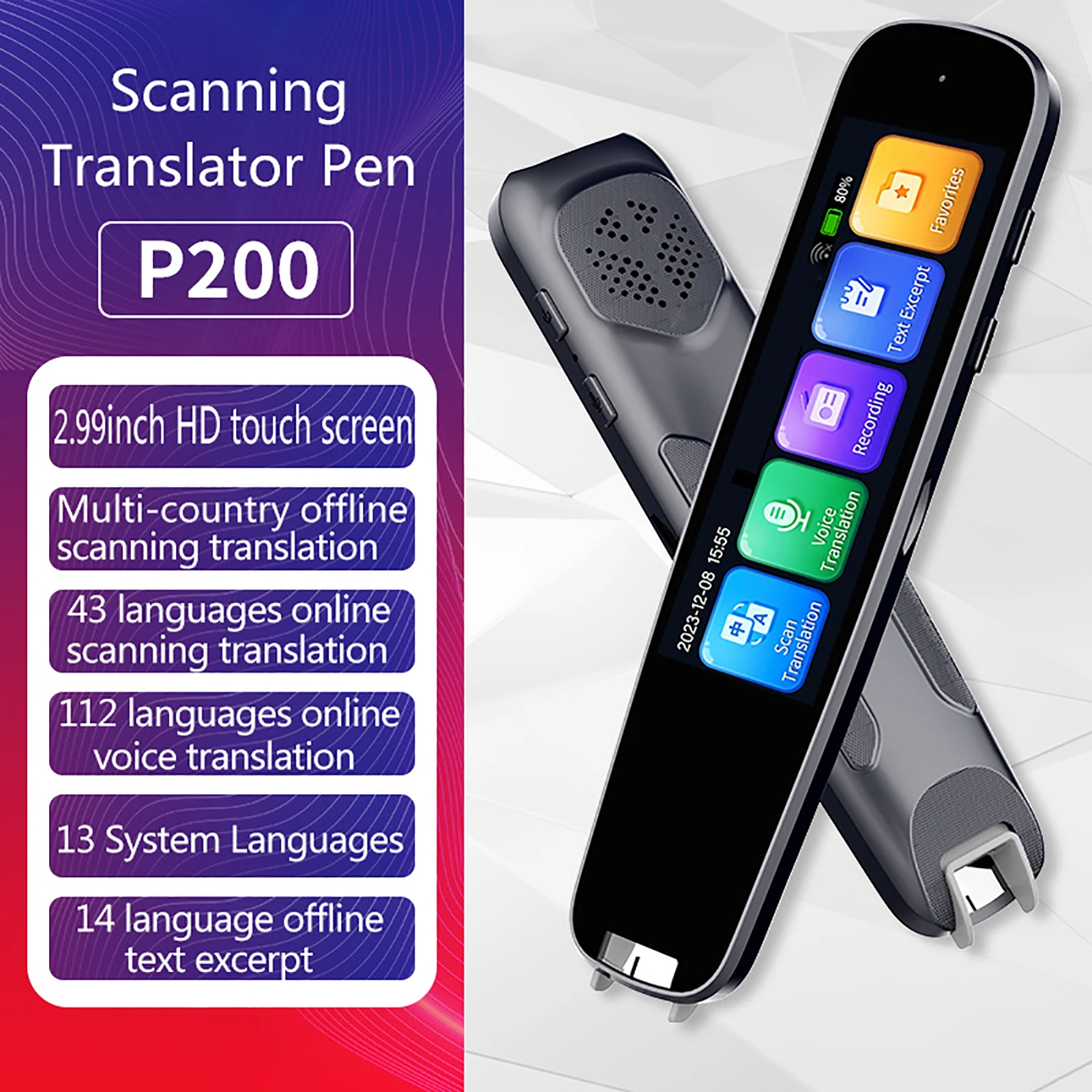 Portable Translation Pen 2.99inch Screen Scanning Translator 112 Languages Online Offline Translation Electronic Dictionary Pen
Portable Translation Pen 2.99inch Screen Scanning Translator 112 Languages Online Offline Translation Electronic Dictionary Pen