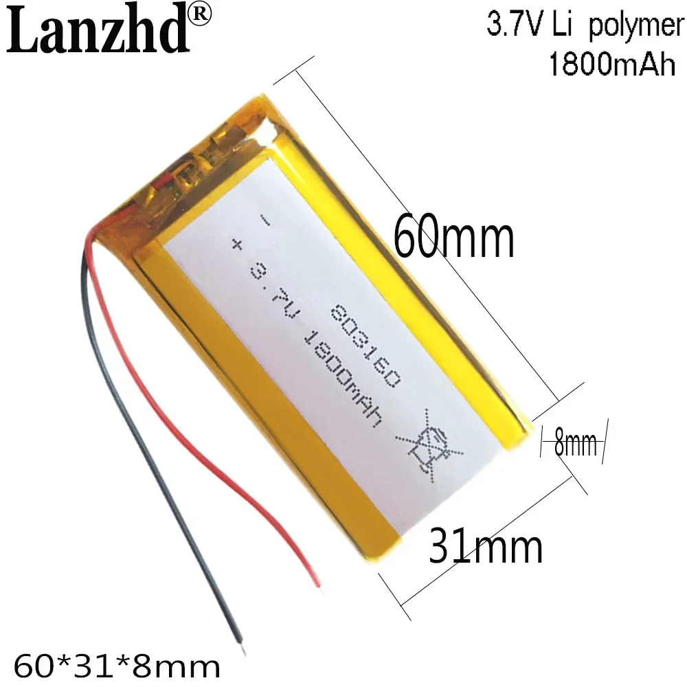 3.7V Polymer lithium battery rechargeable cell For hand warming treasure battery Mobile power Gps digital camera 1800mAh 803160
3.7V Polymer lithium battery rechargeable cell For hand warming treasure battery Mobile power Gps digital camera 1800mAh 803160