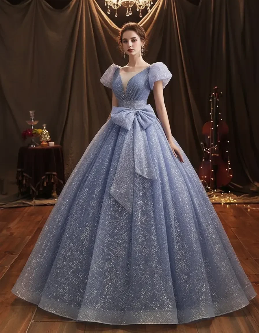 Sky Blue Puff Sleeve Big Bow Glitter Tulle Ball Gown Back Lace Up Quinceanera Wedding Evening Prom Formal Dress Free Petticoat
Sky Blue Puff Sleeve Big Bow Glitter Tulle Ball Gown Back Lace Up Quinceanera Wedding Evening Prom Formal Dress Free Petticoat