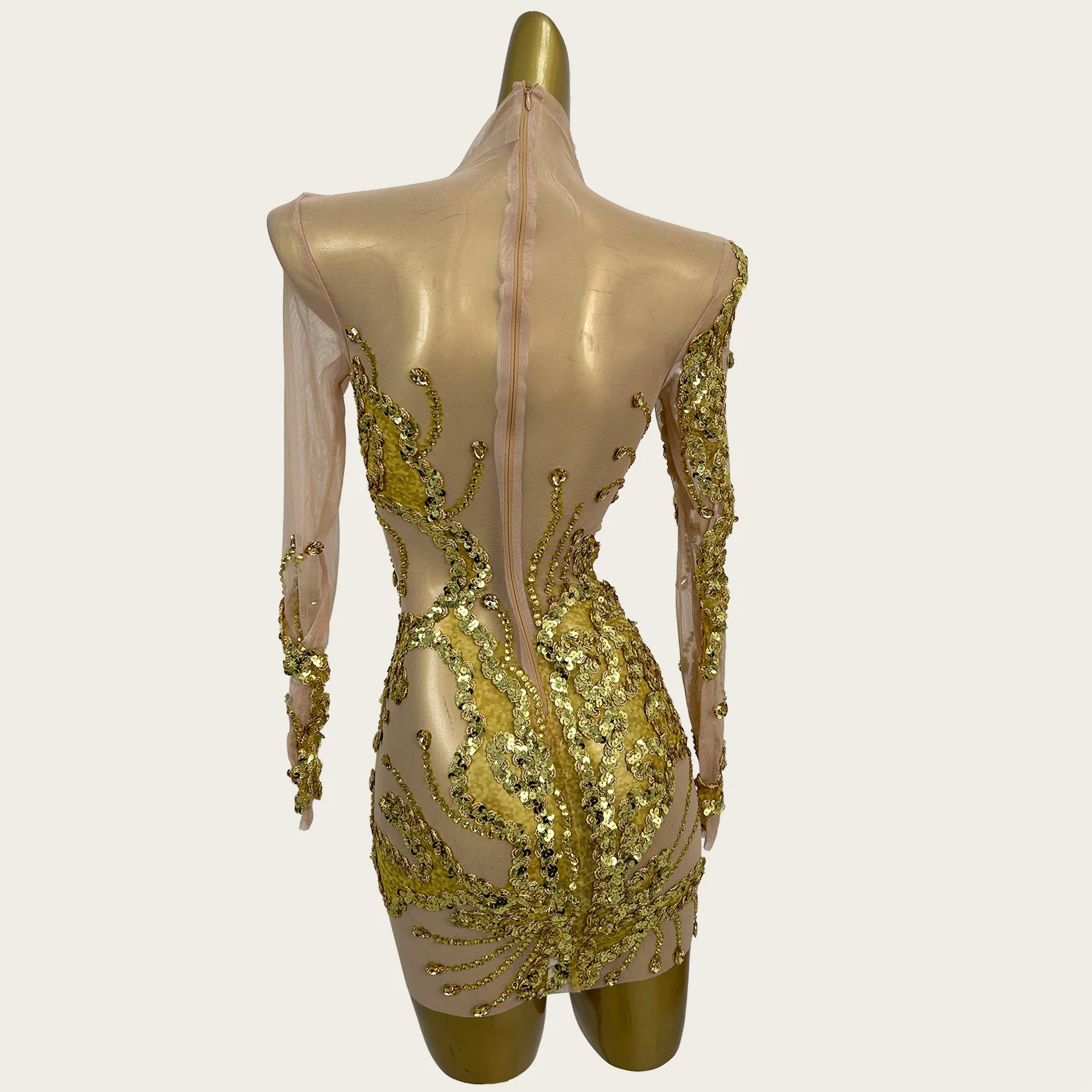 Club Dance Stage Performance Costume Nude High Neck Mini Dress Sheer Mesh Long Sleeve Gold Sequin Sparkly Rhinestone Wear Shanhu
Club Dance Stage Performance Costume Nude High Neck Mini Dress Sheer Mesh Long Sleeve Gold Sequin Sparkly Rhinestone Wear Shanhu